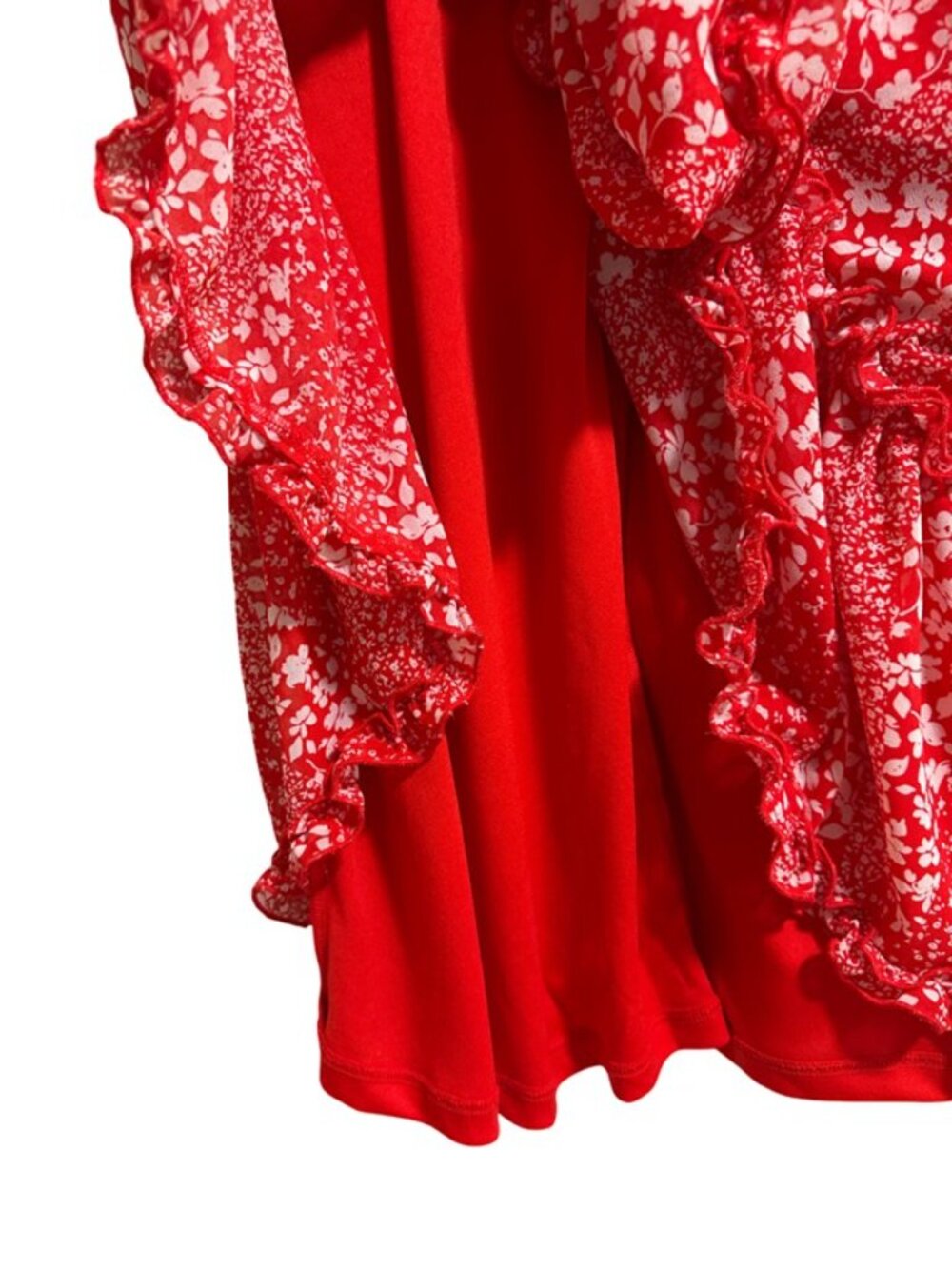 In Loom Red Floral V-Neck Tiered Ruffle Cap Sleeve Mini Dress - Size Large - Picture 9 of 12